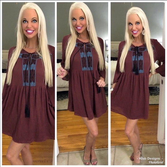 ❤️LAST! Boho Wine Embroidery Detail Tunic Dress! - Picture 4 of 4